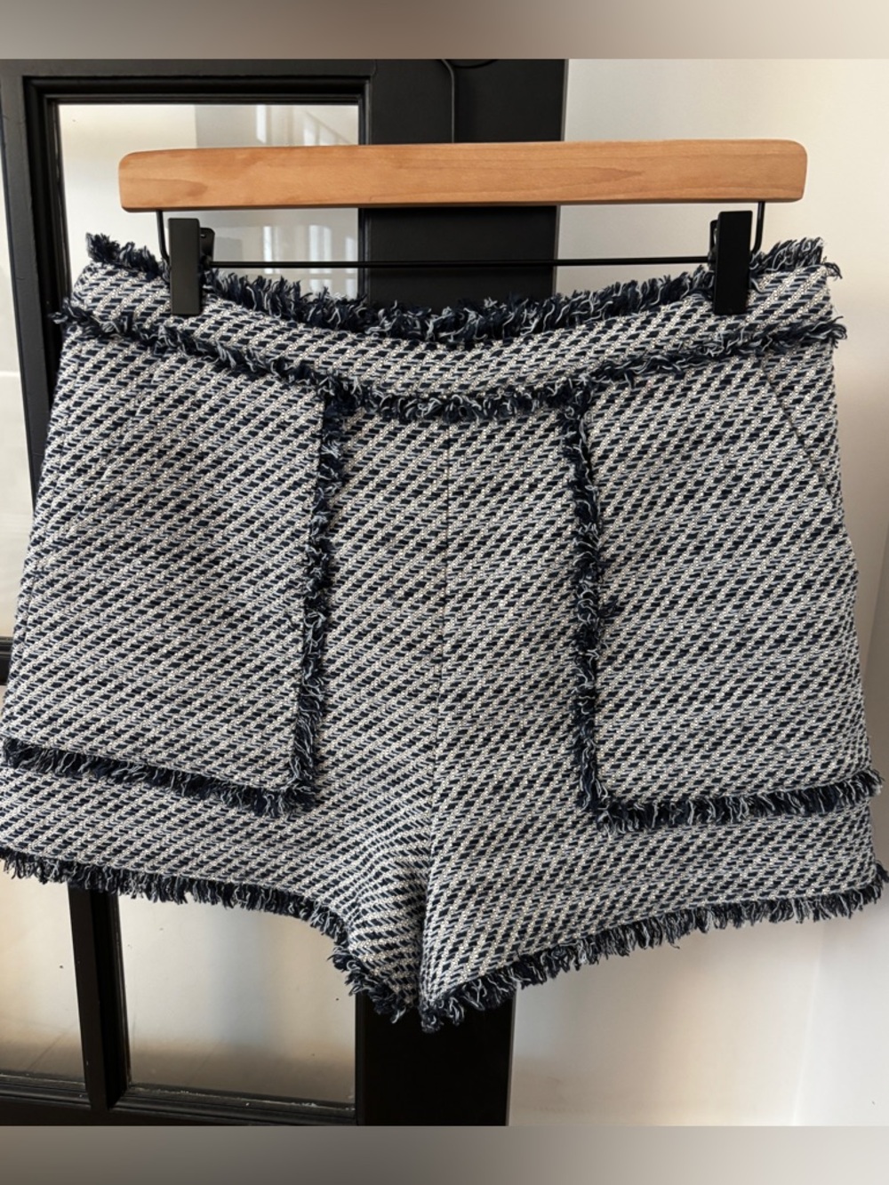Fringed Hem Blue Tweed Women’s Shorts - Picture 2 of 3